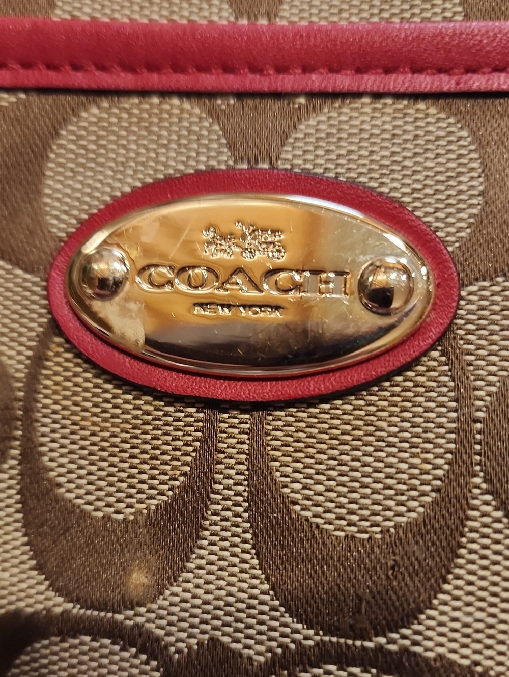 COACH Brown Signature Canvas Shoulder Bag with Red Trim